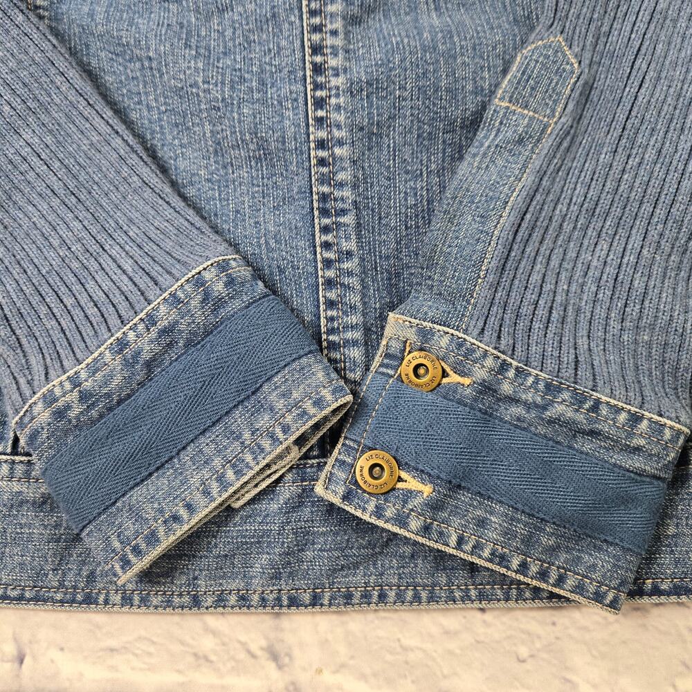 Liz Claiborne Denim Jean Jacket Knit Sleeves Shawl Collar Pocket Cuff Trim sz 14 - Picture 16 of 16